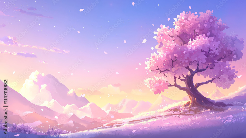 serene cherry blossom tree in full bloom against pastel mountain backdrop serene cherry blossom tree in full bloom against pastel mountain backdrop