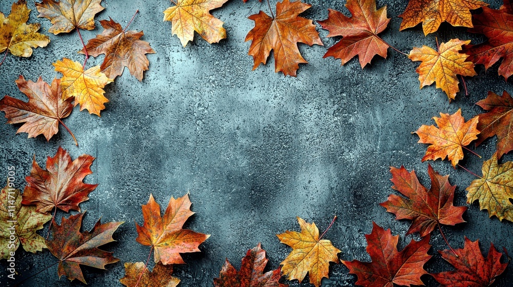 Vibrant autumn maple leaves scattered on a textured gray background, showcasing the beauty of nature during the fall season in a warm rustic setting Vibrant autumn maple leaves scattered on a textured gray background, showcasing the beauty of nature during the fall season in a warm rustic setting