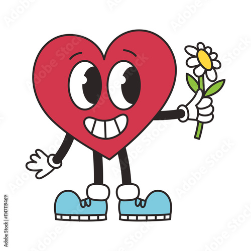 Groovy lovely heart. Cheerful happy heart character with flower in trendy retro style. Vector illustration