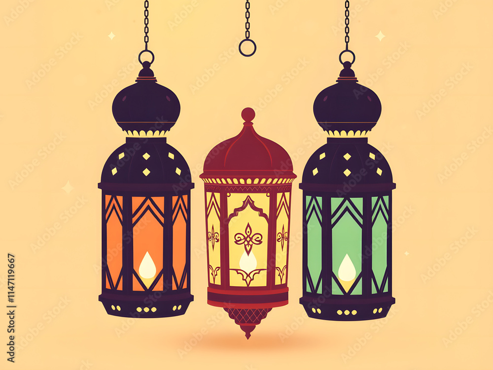 Luminous Ramadan Lanterns: A trio of traditional lanterns, adorned with intricate patterns, illuminate a warm background. The hanging lanterns, with their glowing candles. Luminous Ramadan Lanterns: A trio of traditional lanterns, adorned with intricate patterns, illuminate a warm background. The hanging lanterns, with their glowing candles.