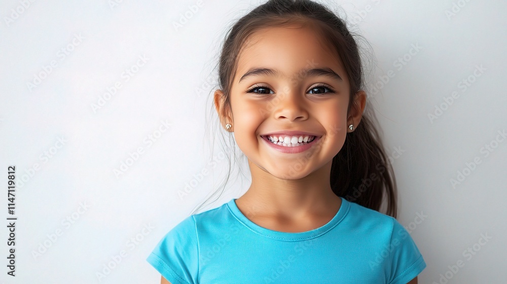 Radiant Young Latina Girl Smiling with Ponytail in Blue Shirt Radiant Young Latina Girl Smiling with Ponytail in Blue Shirt