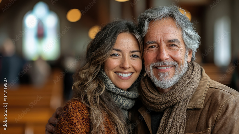 Portrait of smiling catholic or mormon man and woman on blurred background of church, religious people, believer, christian Portrait of smiling catholic or mormon man and woman on blurred background of church, religious people, believer, christian