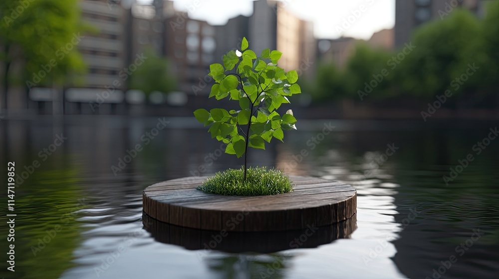 A lush, green island with dense pine trees sits peacefully on a tranquil lake, reflecting nearby modern skyscrapers on a bright, clear day. A lush, green island with dense pine trees sits peacefully on a tranquil lake, reflecting nearby modern skyscrapers on a bright, clear day.