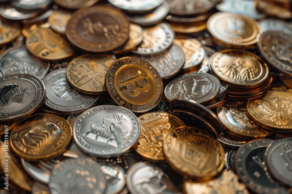 Golden bitcoin standing out from a pile of various silver and gold physical cryptocurrency coins Golden bitcoin standing out from a pile of various silver and gold physical cryptocurrency coins