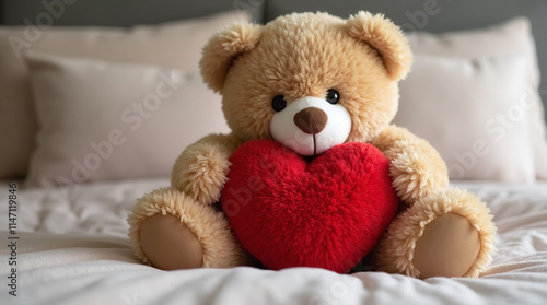 Brown Teddy Bear Plush Toy with Red Heart Sitting on Bed, St. Valentine's Gift or Present