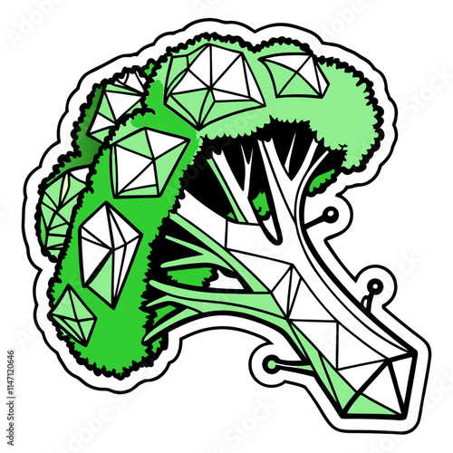 Geometric Broccoli Illustration: Green, Detailed.