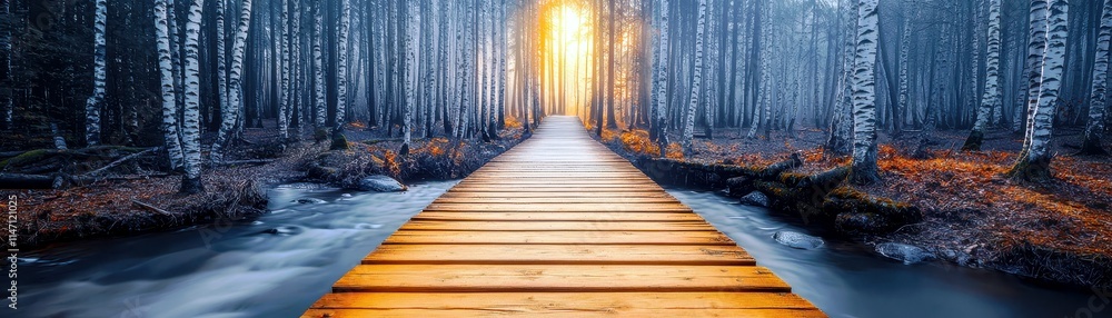 Serene Pathway Through Misty Birch Forest with Soft Light Illuminating Copse Along Tranquil Stream in Autumn Colors Serene Pathway Through Misty Birch Forest with Soft Light Illuminating Copse Along Tranquil Stream in Autumn Colors