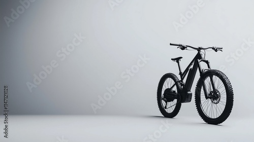 Modern electric mountain bike standing on a white background. The bike is finished in black with large tires, making it ready for active riding on challenging trails. Copy space. photo