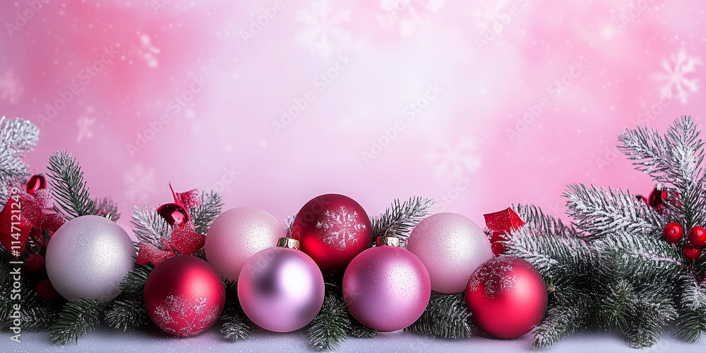 A dreamy composition of frosted Christmas tree branches adorned with shimmering pastel pink and red ornaments and a soft pink background, perfect for holiday cards and invites. A dreamy composition of frosted Christmas tree branches adorned with shimmering pastel pink and red ornaments and a soft pink background, perfect for holiday cards and invites.