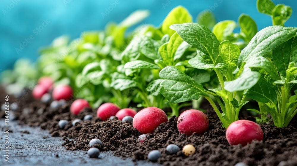 Fresh red radishes with green leaves growing in soil, close-up of organic vegetables in garden bed, healthy harvest concept for farming, gardening, healthy eating, natural background with blurred blu Fresh red radishes with green leaves growing in soil, close-up of organic vegetables in garden bed, healthy harvest concept for farming, gardening, healthy eating, natural background with blurred blu