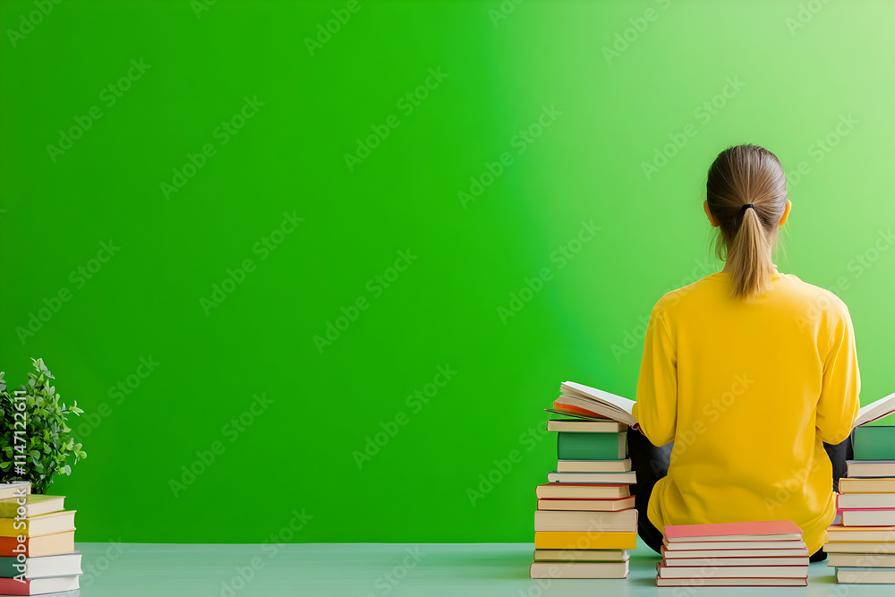 Engaged in reading, a person sits surrounded by vibrant books, immersed in their exploration Engaged in reading, a person sits surrounded by vibrant books, immersed in their exploration
