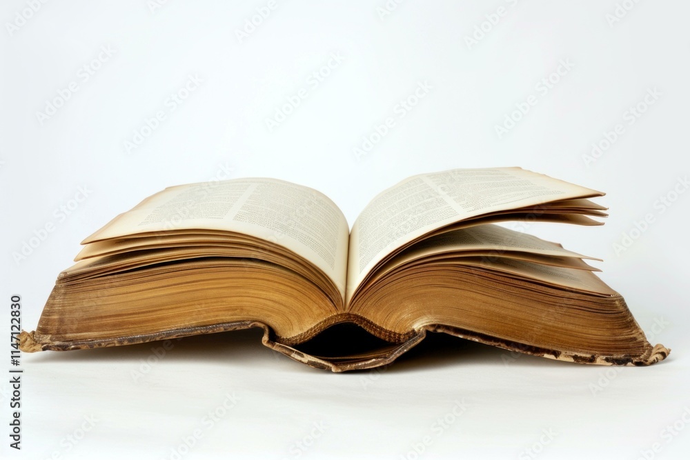 Open antique book with weathered pages and visible text lying on a white background Open antique book with weathered pages and visible text lying on a white background