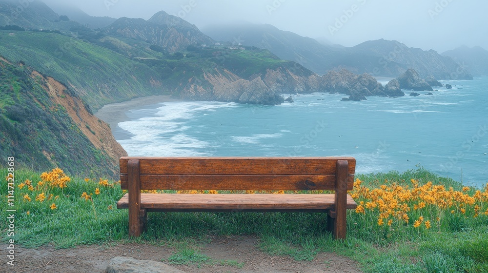 Scenic coastal view with a bench and flowers. Scenic coastal view with a bench and flowers.