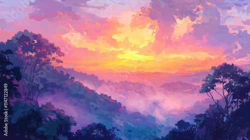 Wallpaper Mural Vibrant sunset over a misty valley landscape. Torontodigital.ca