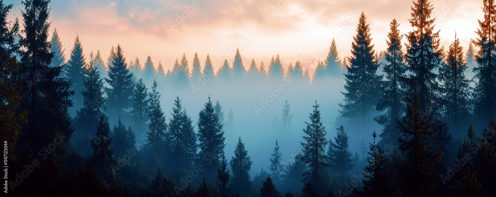 Obraz premium Majestic Sunrise Over Foggy Pine Forest with Tall Trees Silhouetted Against a Colorful Sky at Dawn in a Mystical Natural Landscape
