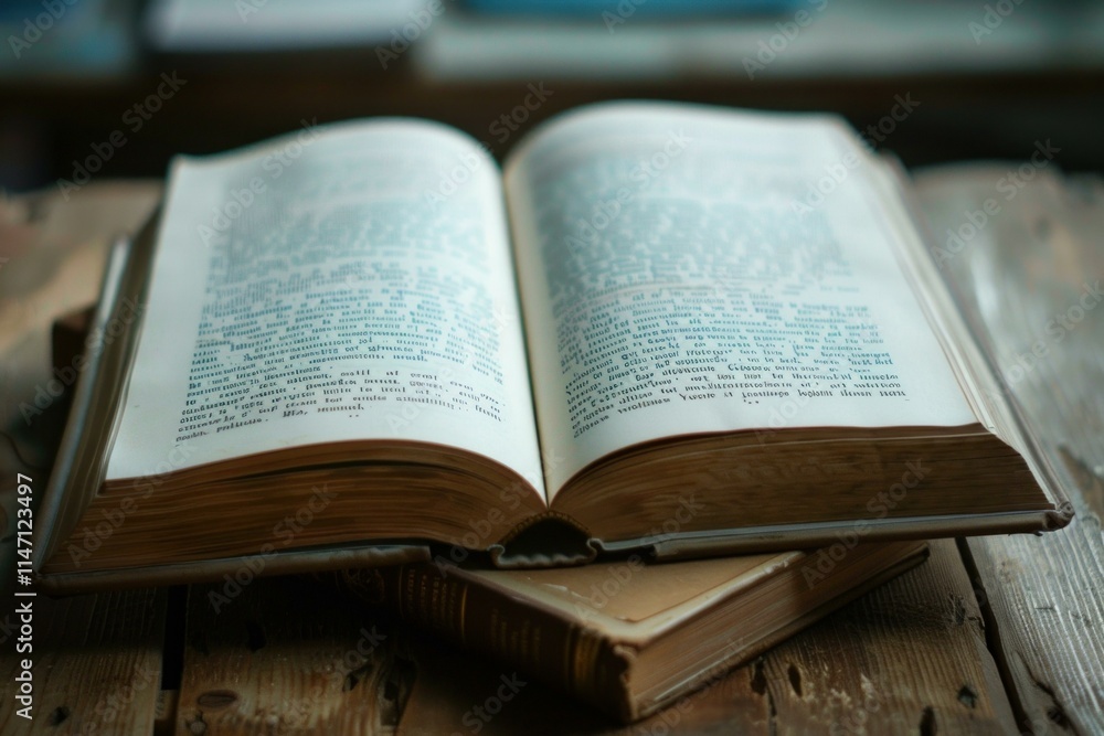Open book with aged pages resting on another closed book on a rustic wooden table, evoking a sense of history and knowledge Open book with aged pages resting on another closed book on a rustic wooden table, evoking a sense of history and knowledge