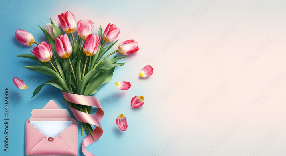 Obraz premium Beautiful bouquet of pink tulips with an envelope and ribbon