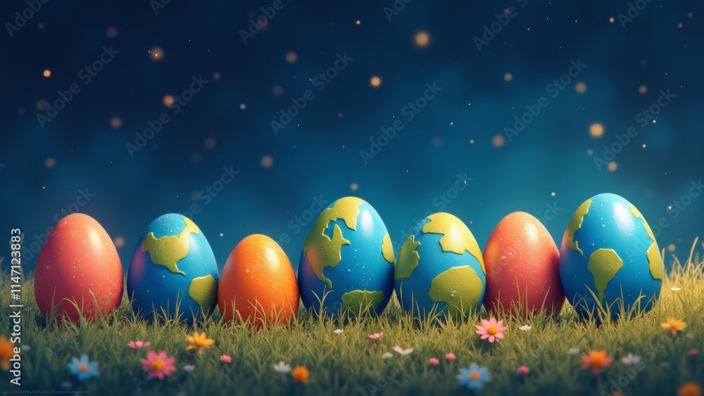 Fototapeta premium The image shows a group of six colorful Easter eggs arranged in a row on a grassy field.