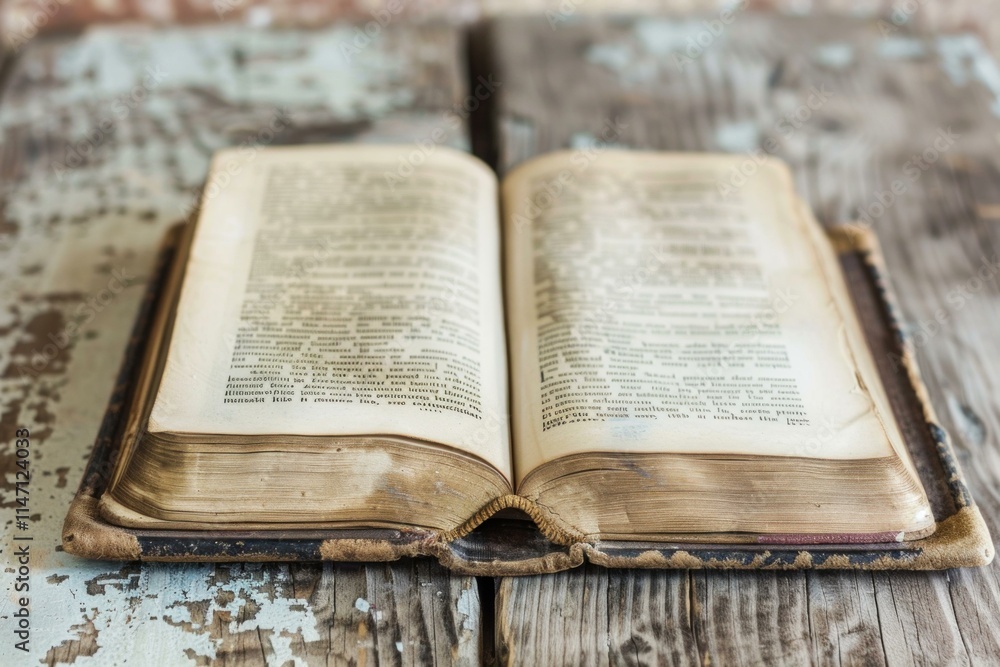 Obraz premium Old book open on a wooden table, showing yellowed pages and worn cover, evoking history and knowledge