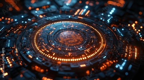 Wallpaper Mural A futuristic circuit board design with glowing elements in blue and orange hues. Torontodigital.ca