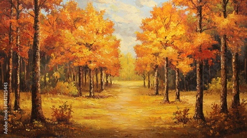 Vibrant autumn landscape with orange foliage and a path.