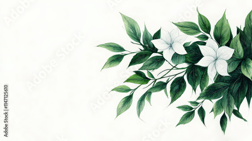 Delicate white flowers and lush green leaves create serene botanical study