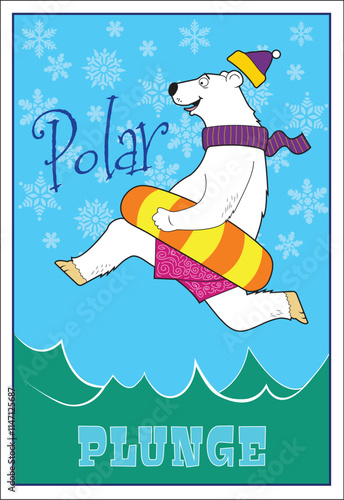 A cartoon polar bear jumps into cold water.