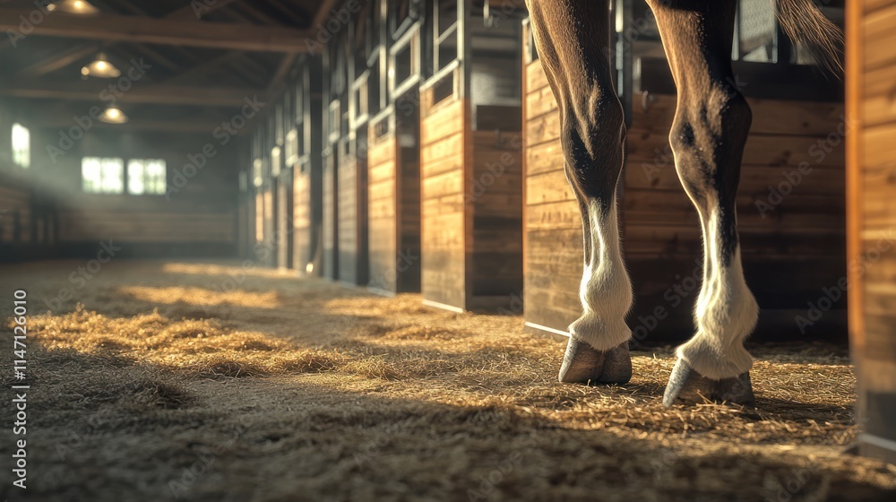 Horse's legs in stable with sunlit hay floor. Horse's legs in stable with sunlit hay floor.