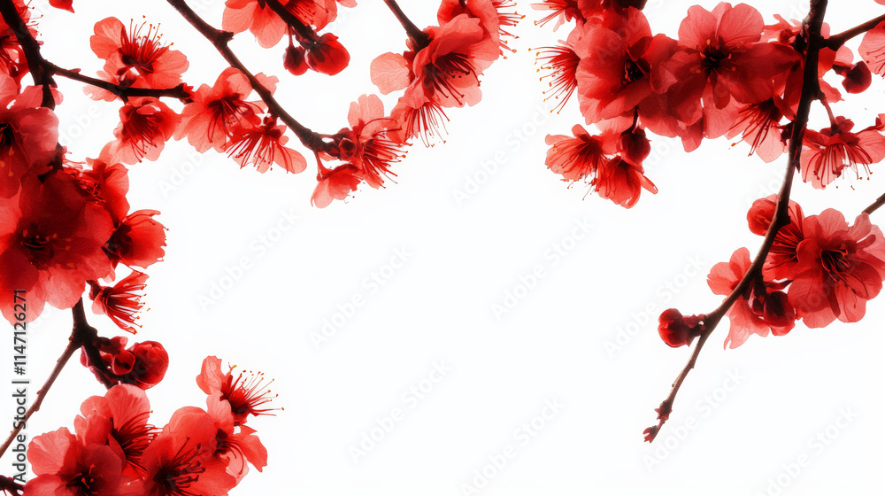 Delicate red flowers frame empty space, creating serene atmosphere Delicate red flowers frame empty space, creating serene atmosphere