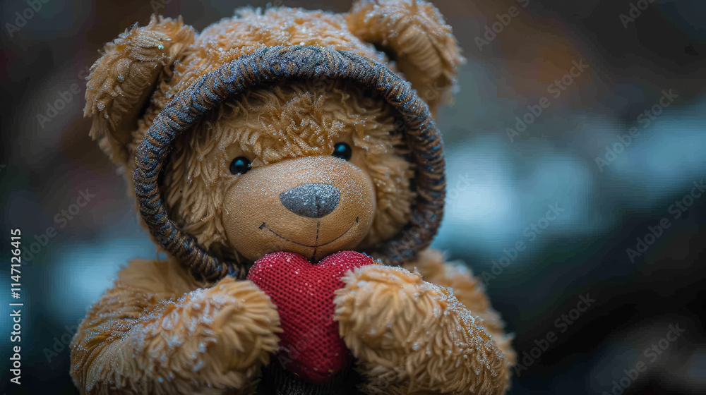 Teddy bear with a heart on its chest is sitting on a bed. The bed is covered in a blanket and a pillow. The bear appears to be resting and looking up at the camera Teddy bear with a heart on its chest is sitting on a bed. The bed is covered in a blanket and a pillow. The bear appears to be resting and looking up at the camera