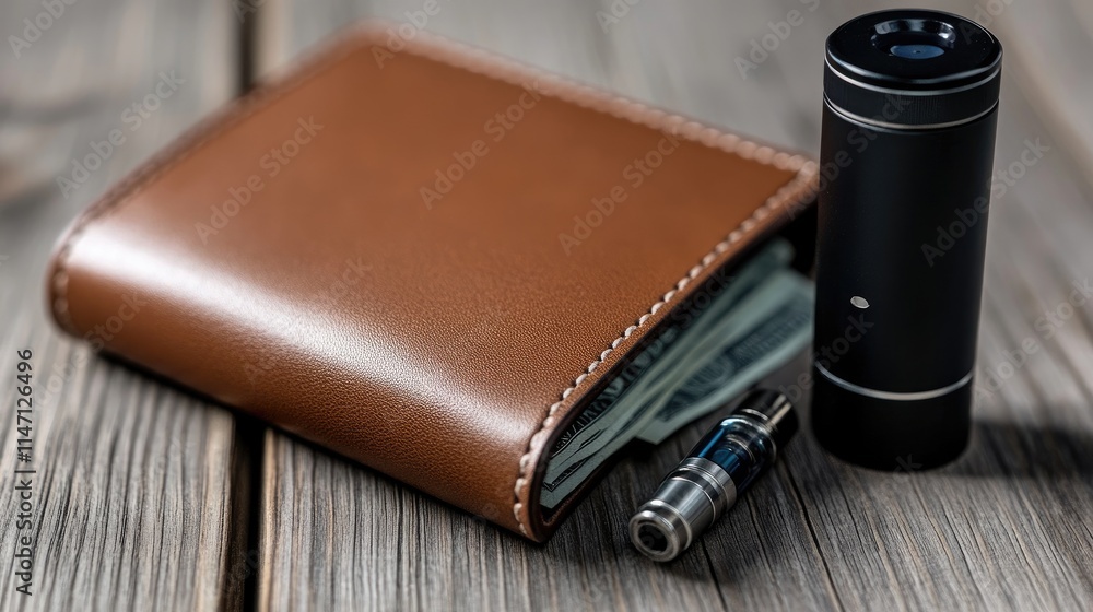 A brown leather wallet is open on a wooden table, revealing several folded banknotes alongside a sleek pen, suggesting financial organization and readiness for transactions A brown leather wallet is open on a wooden table, revealing several folded banknotes alongside a sleek pen, suggesting financial organization and readiness for transactions