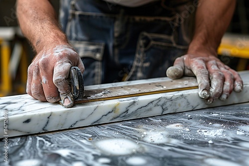 A skilled artisan meticulously shapes a slab of marble using a hand tool, surrounded by tools and dust in a workshop during the afternoon hours photo