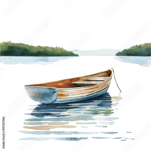 A watercolor painting of a small boat sailing on a calm summer lake, isolated on a white background. Boat vector.
