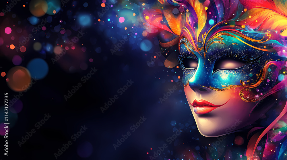 Mystery woman in colorful venetian mask on black bokeh background. mardi gras, purim traditional masquerade party concept. mystery carnival backdrop for design card, banner. Venetian. Illustration Mystery woman in colorful venetian mask on black bokeh background. mardi gras, purim traditional masquerade party concept. mystery carnival backdrop for design card, banner. Venetian. Illustration