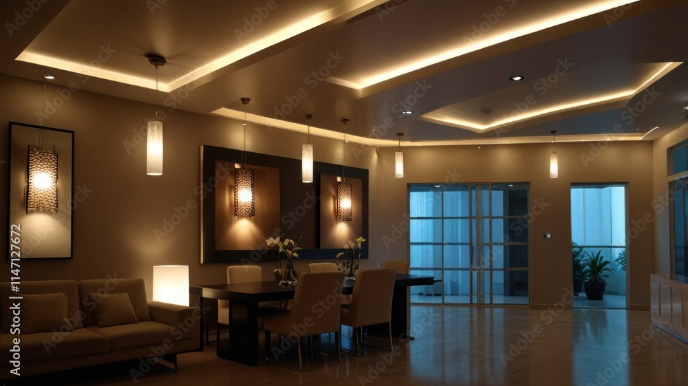 Fototapeta premium Modern living room with recessed lighting, dining area, and contemporary furniture.