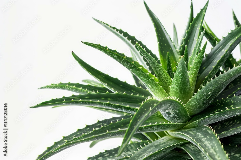 Fototapeta premium Close up of an aloe vera plant, showcasing its vibrant green leaves and spiky edges against a clean white backdrop