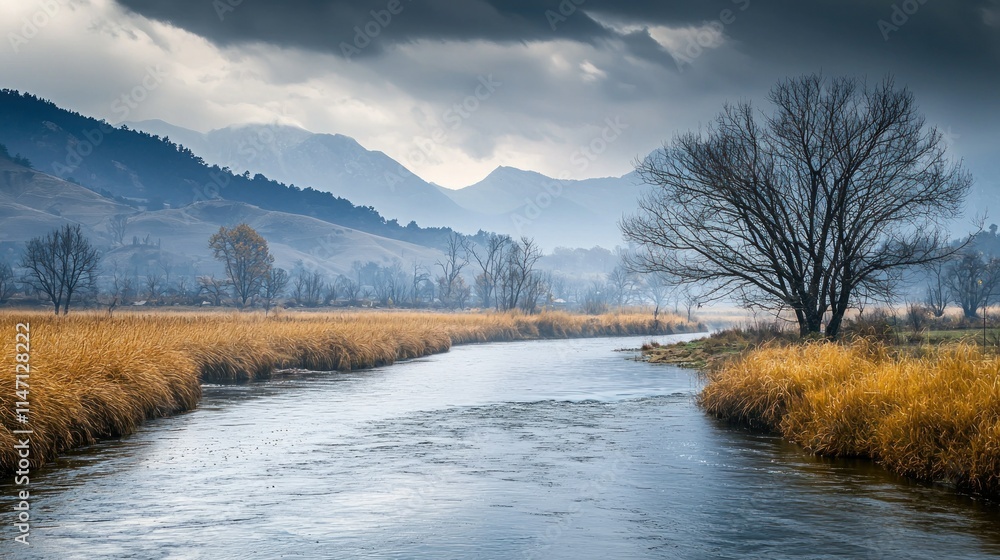 Serene river flows through a tranquil landscape. Serene river flows through a tranquil landscape.