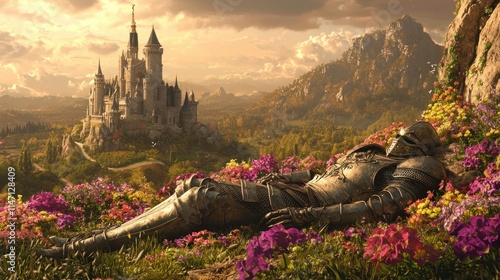 A knight rests among flowers near a distant castle.