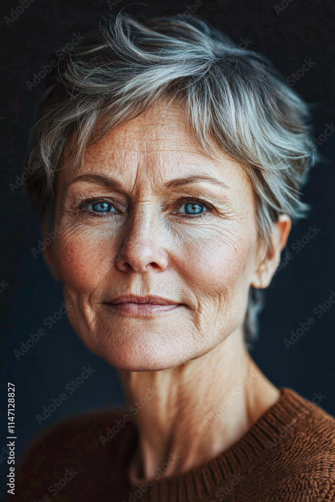 A close-up portrait of an elderly woman with gray hair, radiating calmness and wisdom, capturing the depth of her blue eyes and the gentle lines of age. A close-up portrait of an elderly woman with gray hair, radiating calmness and wisdom, capturing the depth of her blue eyes and the gentle lines of age.