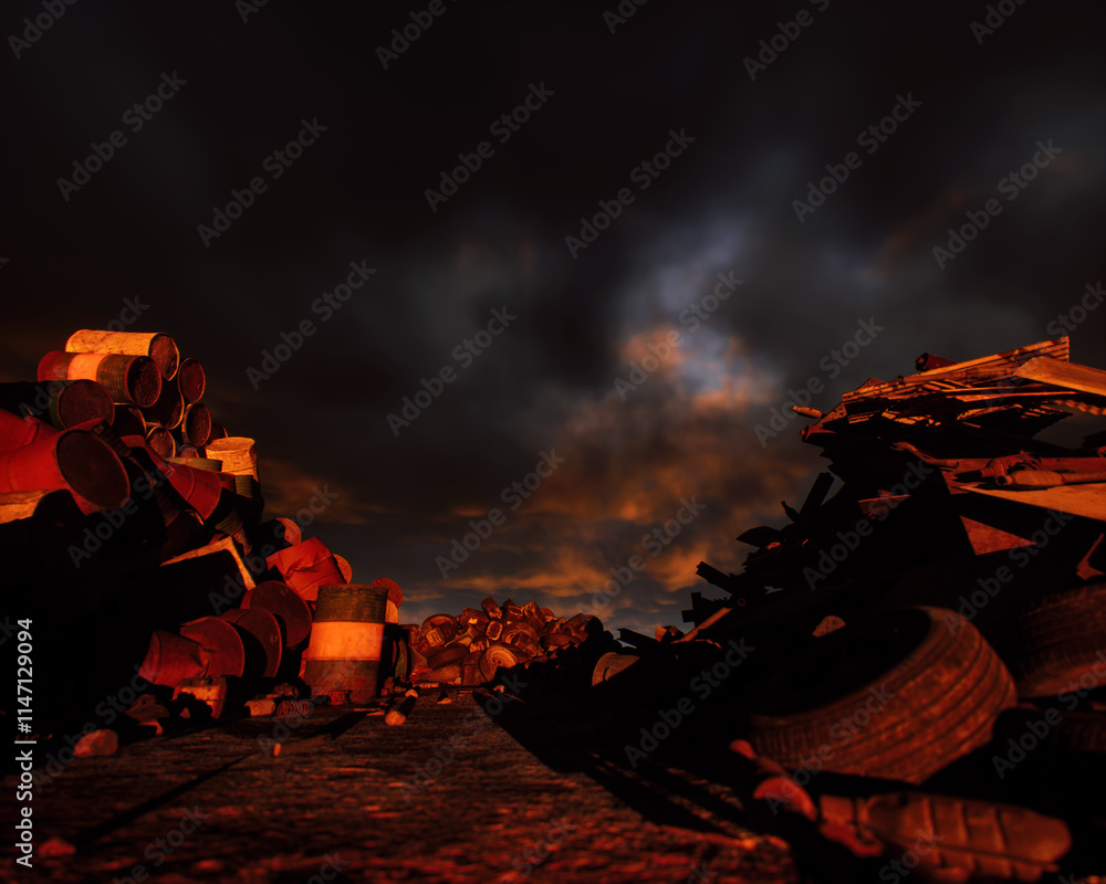 Pile of rubble on industrial junkyard under a sunset sky. 3D render.