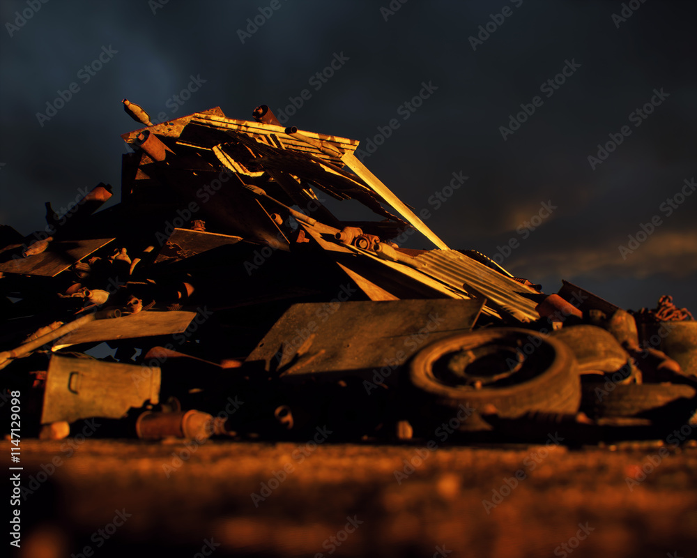 Pile of rubble on industrial junkyard under a sunset sky. 3D render.