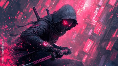 Futuristic ninja in a neon-lit cityscape. photo