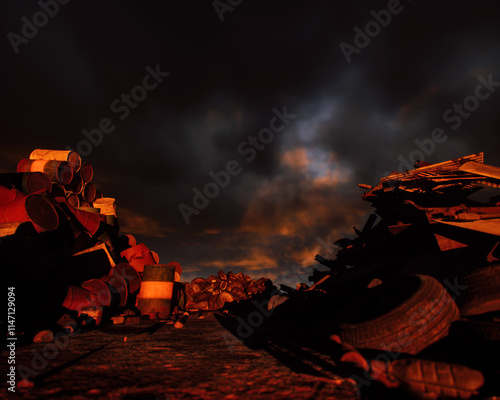 Obraz na płótnie Pile of rubble on industrial junkyard under a sunset sky. 3D render. w salonie