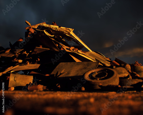 Obraz na płótnie Pile of rubble on industrial junkyard under a sunset sky. 3D render. w salonie