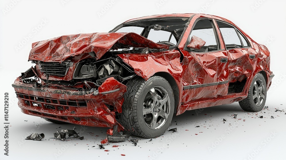 A heavily damaged red car, showcasing severe impact and crumpled bodywork. A heavily damaged red car, showcasing severe impact and crumpled bodywork.