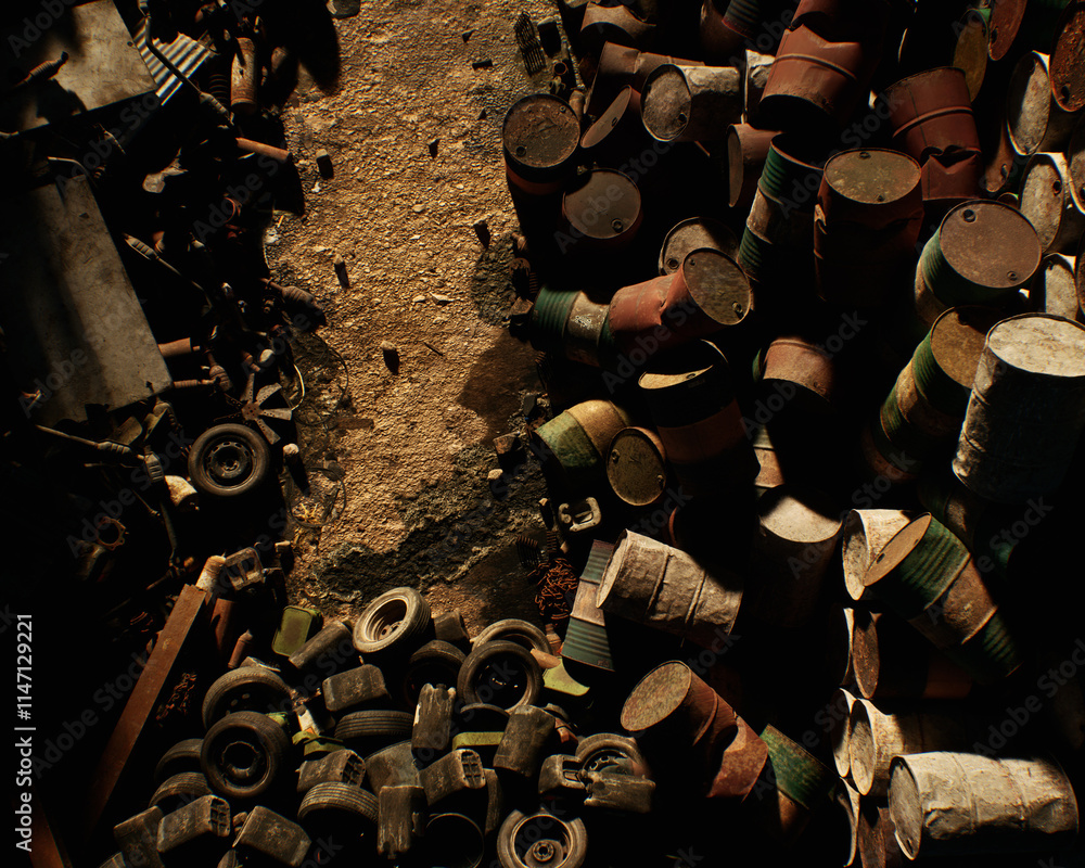 Junk on an industrial junkyard. High angle view. 3D render.