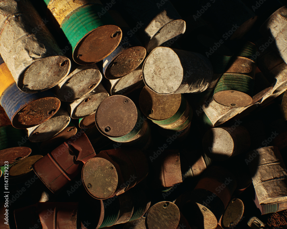 Barrels on an industrial junkyard. High angle view. 3D render.