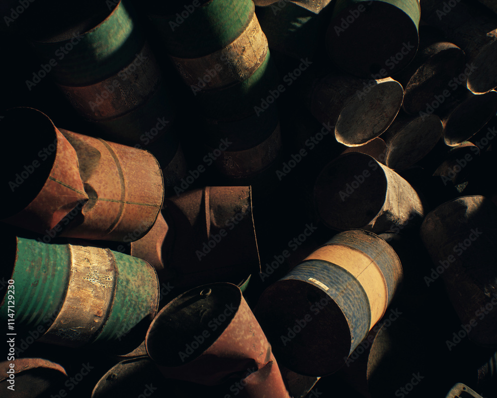Barrels on an industrial junkyard. High angle view. 3D render.