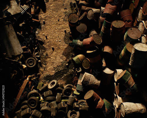 Obraz na płótnie Junk on an industrial junkyard. High angle view. 3D render. w salonie