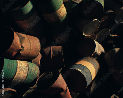 Obraz na płótnie Barrels on an industrial junkyard. High angle view. 3D render. w salonie